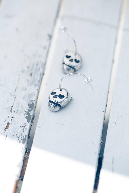 Dead Valentine's Skull Head with Heart Eyes Hoop Earrings