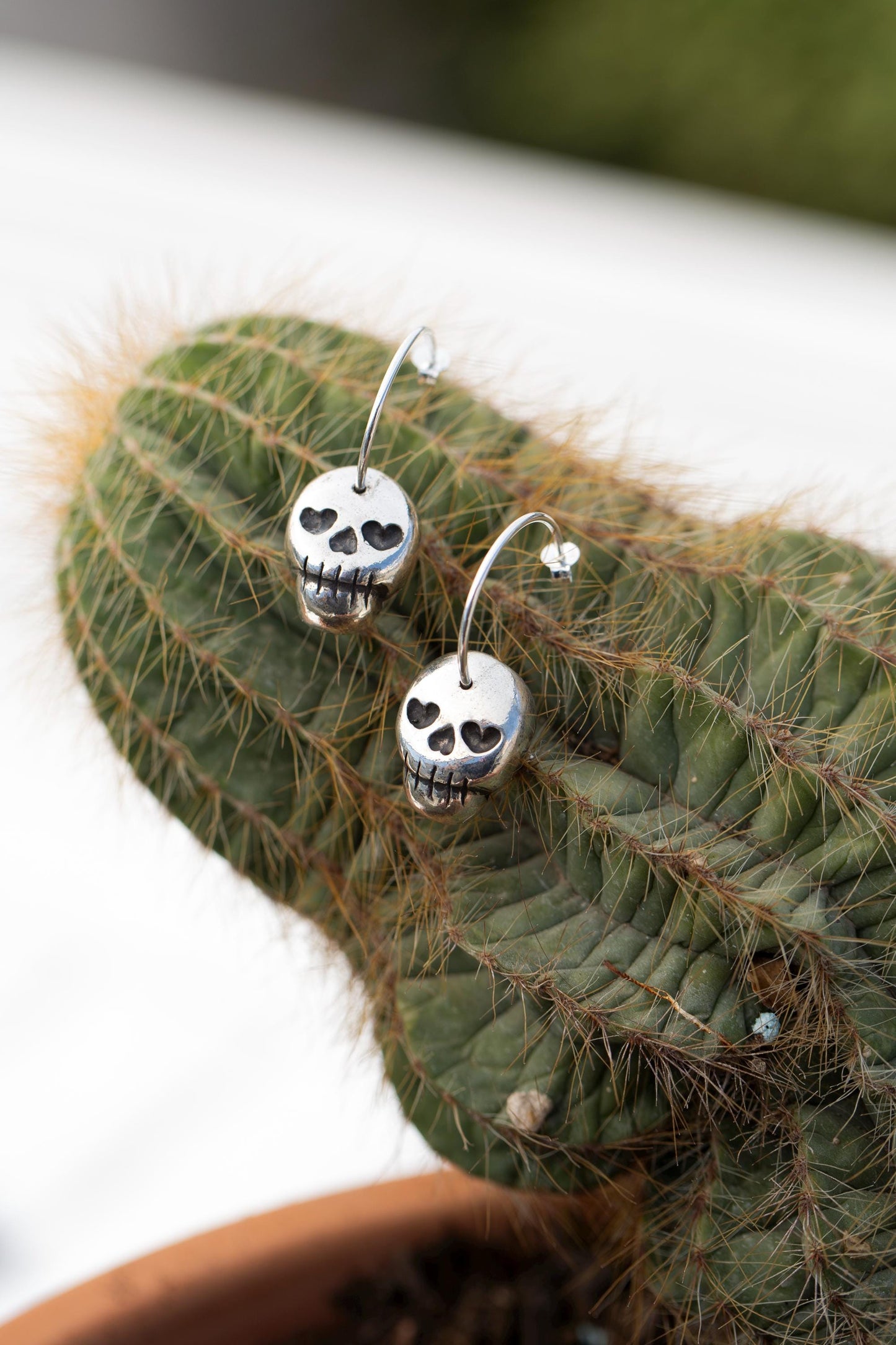 Dead Valentine's Skull Head with Heart Eyes Hoop Earrings