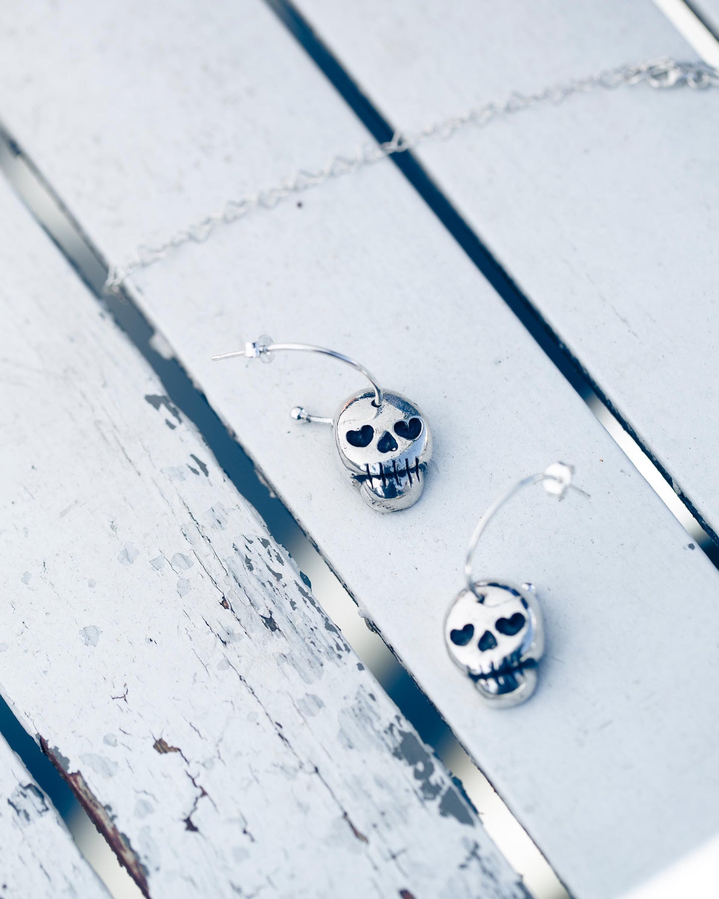 Dead Valentine's Skull Head with Heart Eyes Hoop Earrings